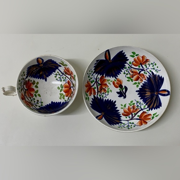 19th Century Antique Gaudy Welsh Butterfly Pattern Hand Painted Cup & Saucer Set - Picture 9 of 16
